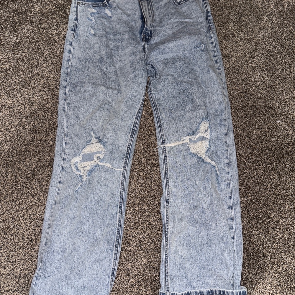 Eunina Blue Straight Leg Jeans with Distressed Detailing